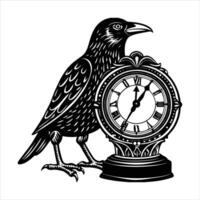 A crow sits in front of a clock vector