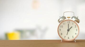 Clock on wood table for Time concept 3d Rendering. . photo