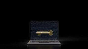 The Gold key on notebook for security technology concept 3d Rendering. photo