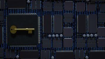 Gold key on Mother Board for security technology concept 3d Rendering . . photo