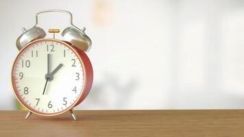 The Clock on wood table for Time concept 3d Rendering. photo