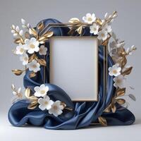 gold frame with blue silk and flowers on a white, background photo