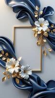 Square gold frame with, white flowers and blue satin fabric surrounding a blank space. photo
