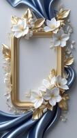 Square gold frame with white flowers , and blue satin fabric surrounding a blank space. photo