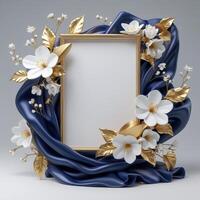 Square gold frame with white flowers, and blue satin, fabric surrounding a blank space. photo
