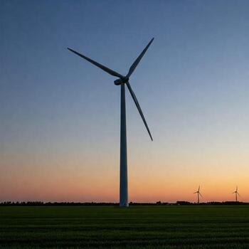 Wind turbines in a field at sunset photo
