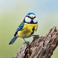 Blue Tit Bird Calling on a Log photo