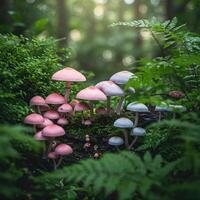 Pink and Blue Mushrooms in Forest Moss photo