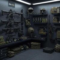 A room with a lot of guns and other items photo