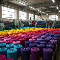 Colorful yarn spools in a textile factory photo