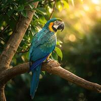 Blue-and-yellow Macaw perched in jungle sunlight photo
