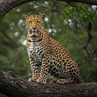 Majestic Leopard on Branch in African Forest photo