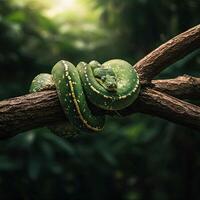 Green Tree Python coiled on branch, jungle background photo