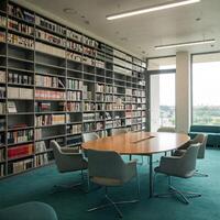 Modern library study room with city view photo