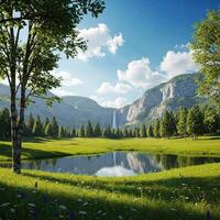 Scenic valley meadow with waterfall photo