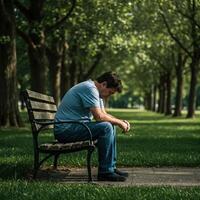 Depressed man sits alone on park bench photo