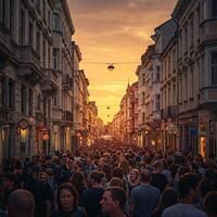 Crowds of people walking down a street at sunset photo