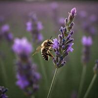 Honeybee pollinating lavender in a field at dusk photo