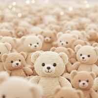 Teddy bears crowd, soft focus, light bokeh photo