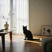 Black cat sitting in sunlit home interior photo