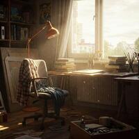 A desk with a chair and a lamp in a room photo