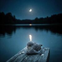 Sleepy bird on dock by moonlit lake photo