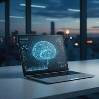 AI brain on laptop in modern office photo