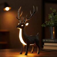 Illuminated deer lamp on wooden table photo