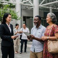 Diverse group discussing property outdoors photo