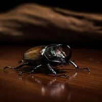 Large beetle on wooden table, dark background photo