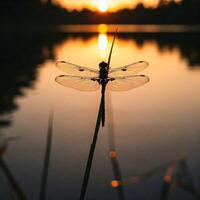 Dragonfly perched on reed at sunset over lake photo