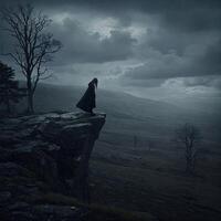 Melancholy figure on clifftop, stormy landscape photo