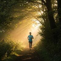 A man running through the woods at sunrise photo