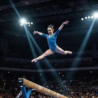 Gymnast soars over balance beam in arena photo