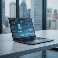 Modern Laptop Displaying Data in Office photo