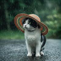 Rainy Day Cat in a Colorful Hat on a Road photo