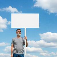 Man holds blank protest sign outdoors photo