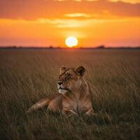Lioness resting in African savanna sunset photo