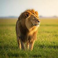Majestic lion strides savanna at dawn photo