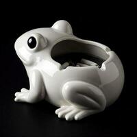 White ceramic frog ashtray, black background photo