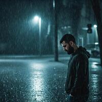 Lonely Man in Rain at Night photo