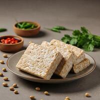 Tempeh slices on plate with chili, soy and herbs photo