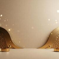 Golden geometric display podiums, beige background photo