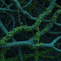Twisted roots and vines, dark forest floor photo
