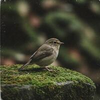 Small bird perched on mossy stone photo