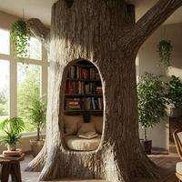 Cozy treehouse reading nook with bookshelves photo