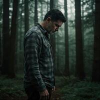 Man in plaid shirt, pensive, foggy forest photo