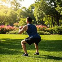Man Squatting Outdoors in Park photo