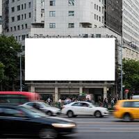 Blank billboard on city street with traffic photo