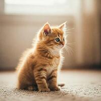 Adorable ginger kitten sitting on carpet by window photo